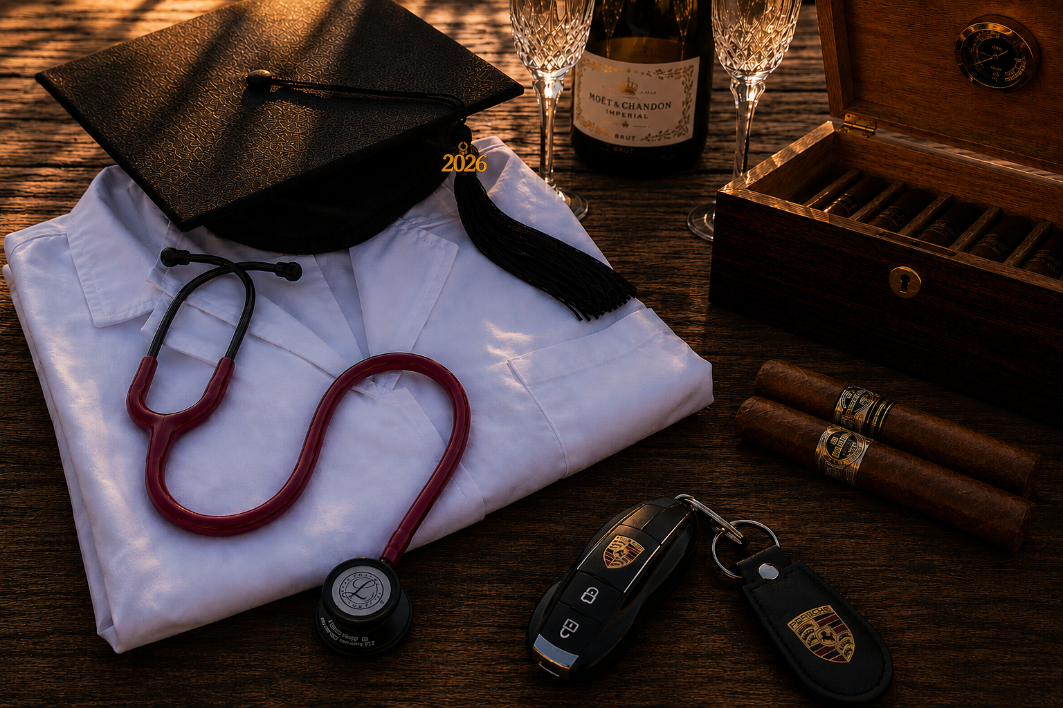 A graduation cap, white coat, and stethoscope beside a humidor, two cigars, champagne, and Porsche keys at golden hour