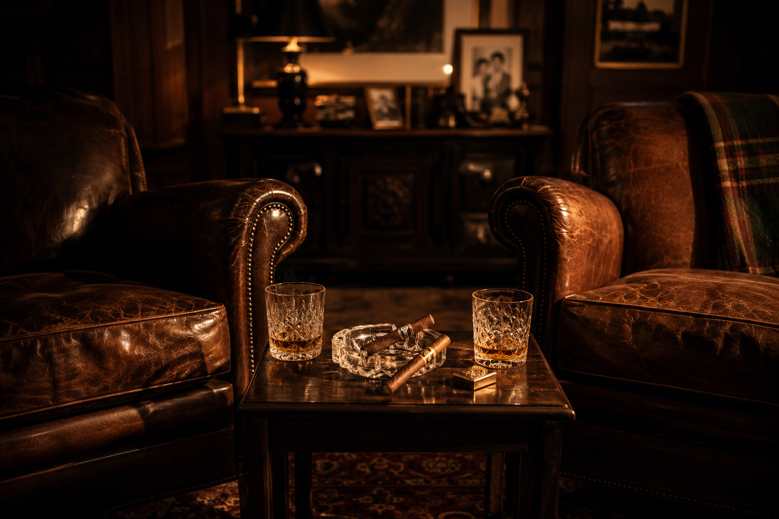 Two worn leather armchairs face a low table set with whiskey and cigars in a lamplit study