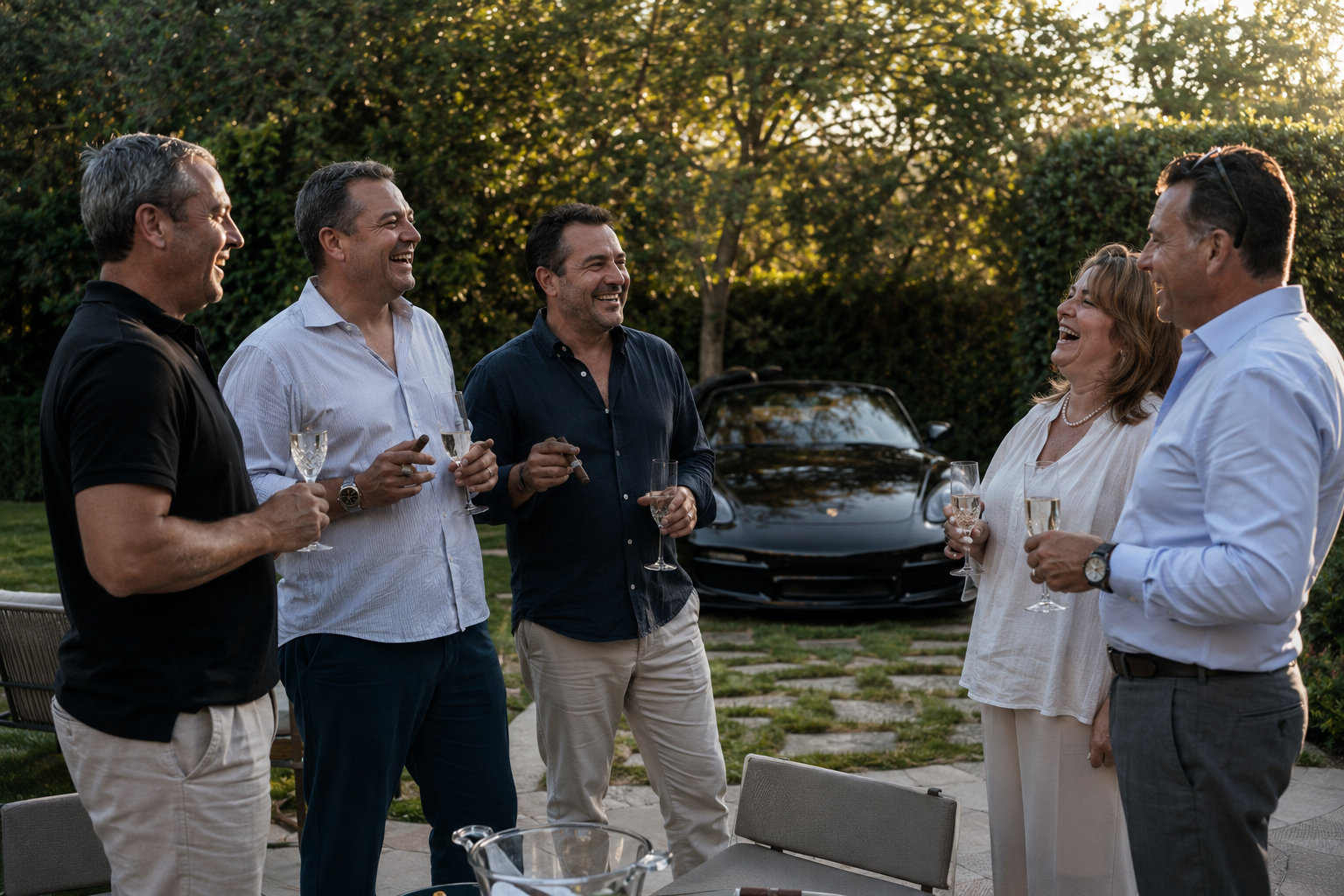Family and friends laugh together with champagne and cigars in a garden at golden hour