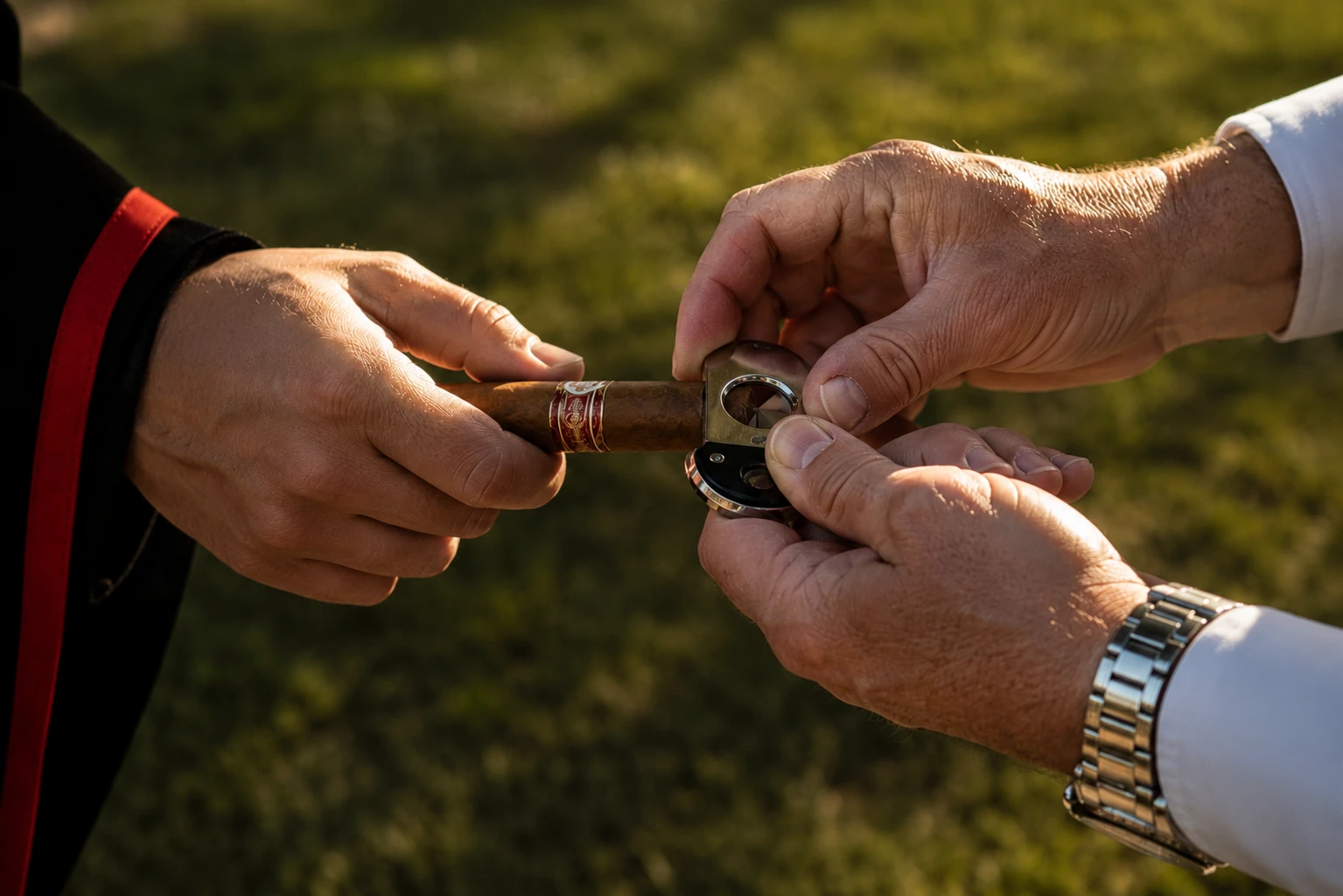 Two pairs of hands as one steadies the cutter and the other holds the cigar