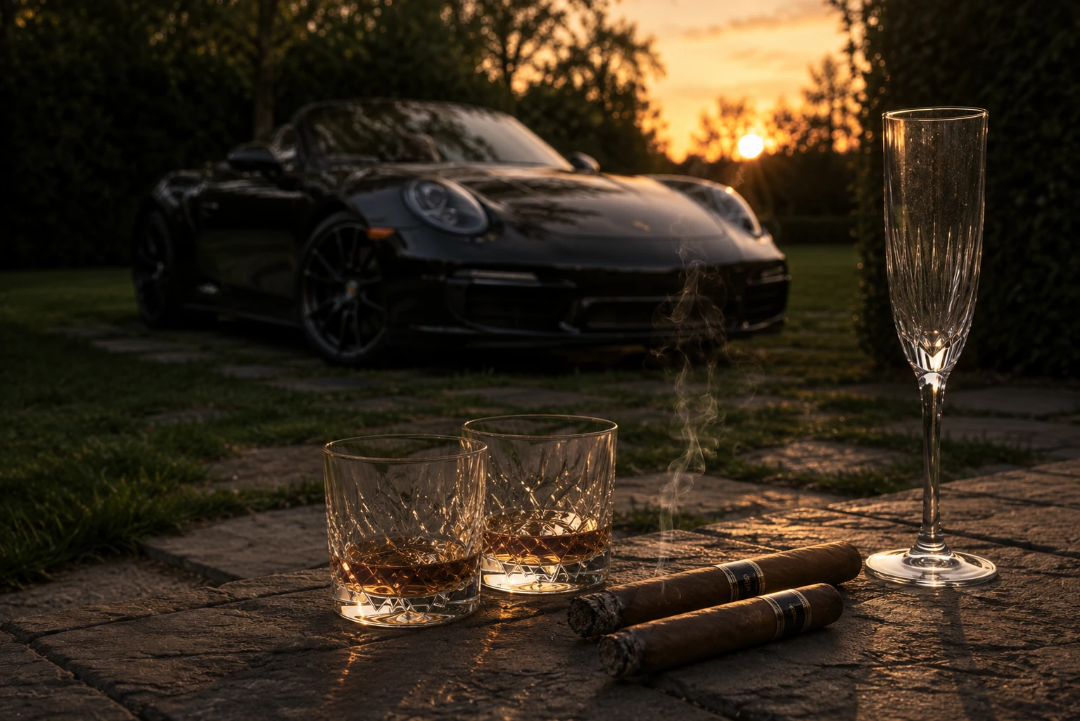 A dark sports car parked on a garden terrace at sunset, glasses and cigars resting on the stone in the foreground