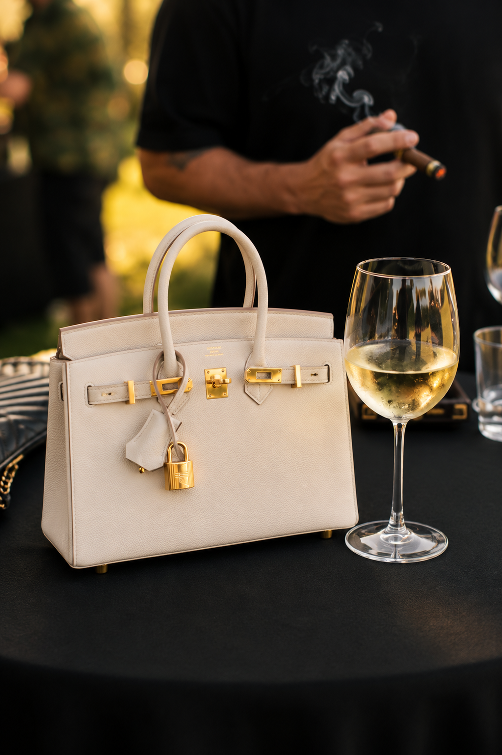 A glass of white wine beside a guest handbag at an outdoor wine country wedding reception