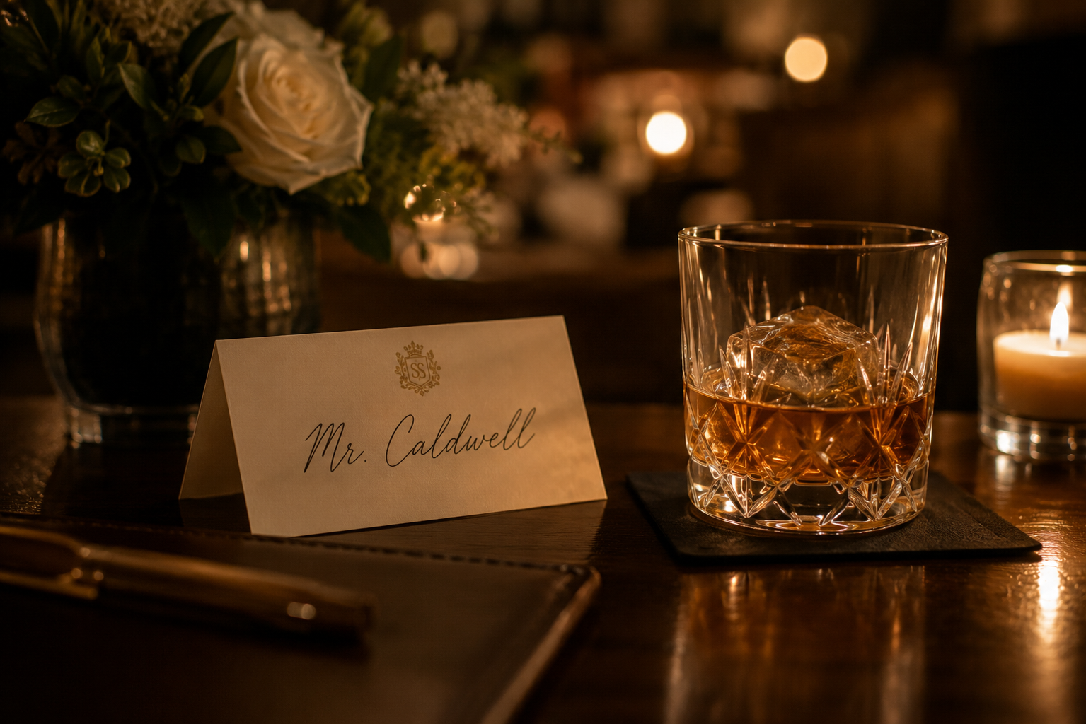 A guest's favorite drink and a handwritten place card set and waiting before the evening begins