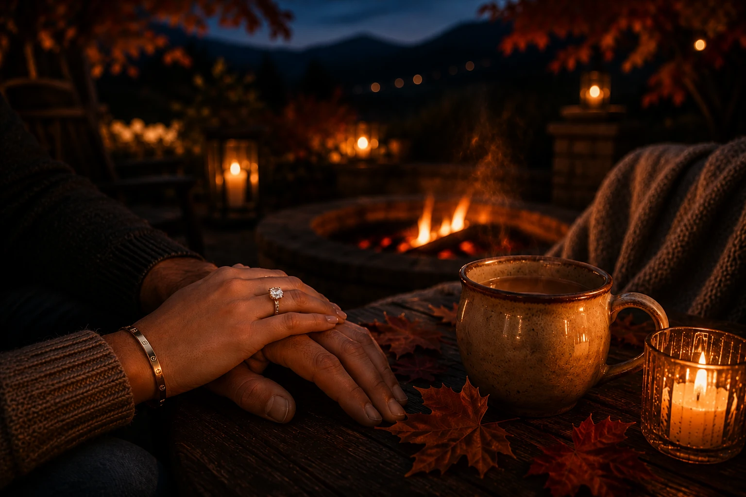 A couple's hands around a warm drink by candlelight and firelight, an engagement ring and a Cartier Love bracelet, autumn leaves nearby — the evening grown quiet