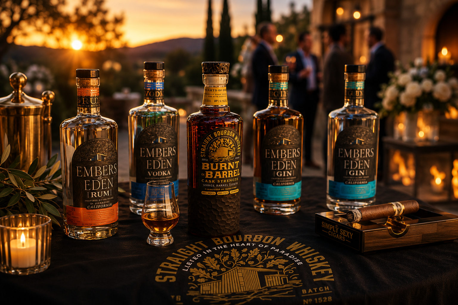 Premium spirits arranged for pairing as a guest enjoys a cigar at an evening celebration