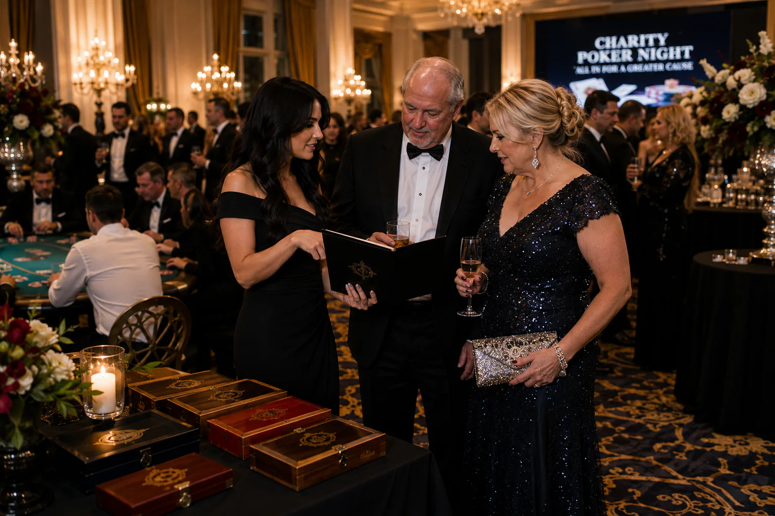 Inside a chandelier-lit ballroom at a charity poker night, an attendant in a black gown presents an open leather cigar menu to a tuxedoed couple, felt gaming tables and formally dressed guests behind them