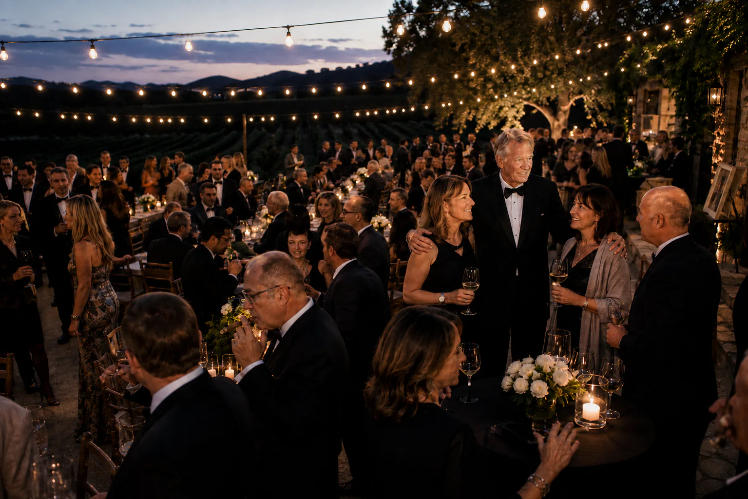 A candlelit charity dinner under festoon lights at dusk, long banquet tables set across a vineyard terrace as black-tie guests mingle with wine in hand beneath a deep blue sky