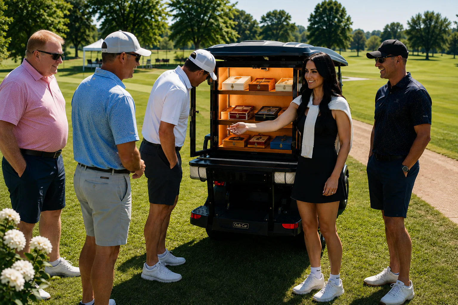 An attendant beside a mobile cigar cart with its humidor open as golfers gather on a sunlit course