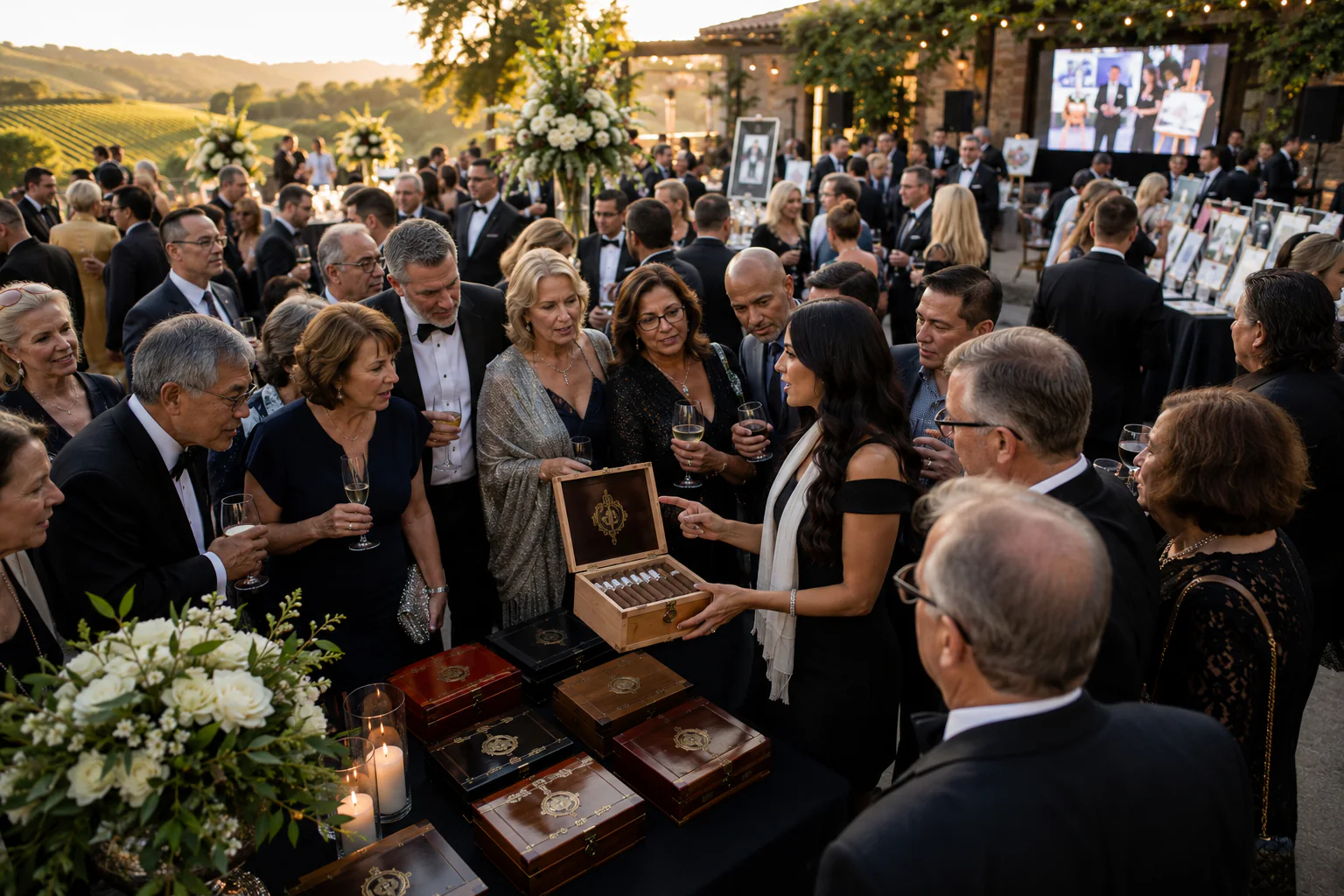 At a vineyard-estate donor reception at sunset, guests in black tie gather closely as an attendant presents an open box of cigars, an auction display and rolling vines beyond