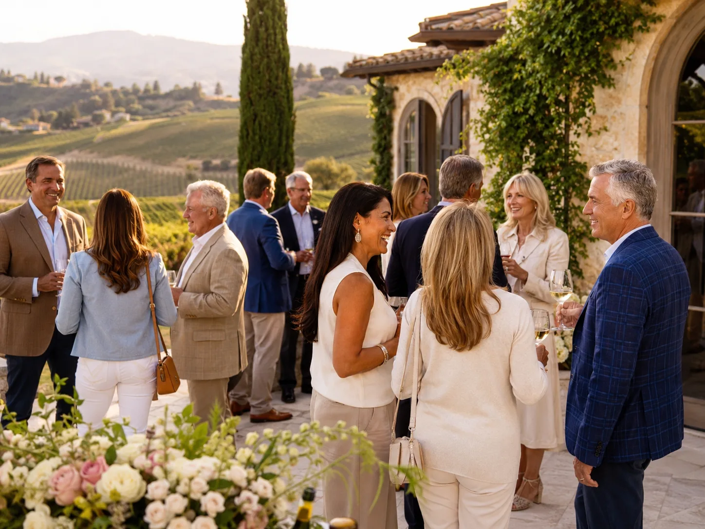 Well-dressed business clients gather with wine at a Northern California vineyard estate during golden hour, vineyard hills behind them