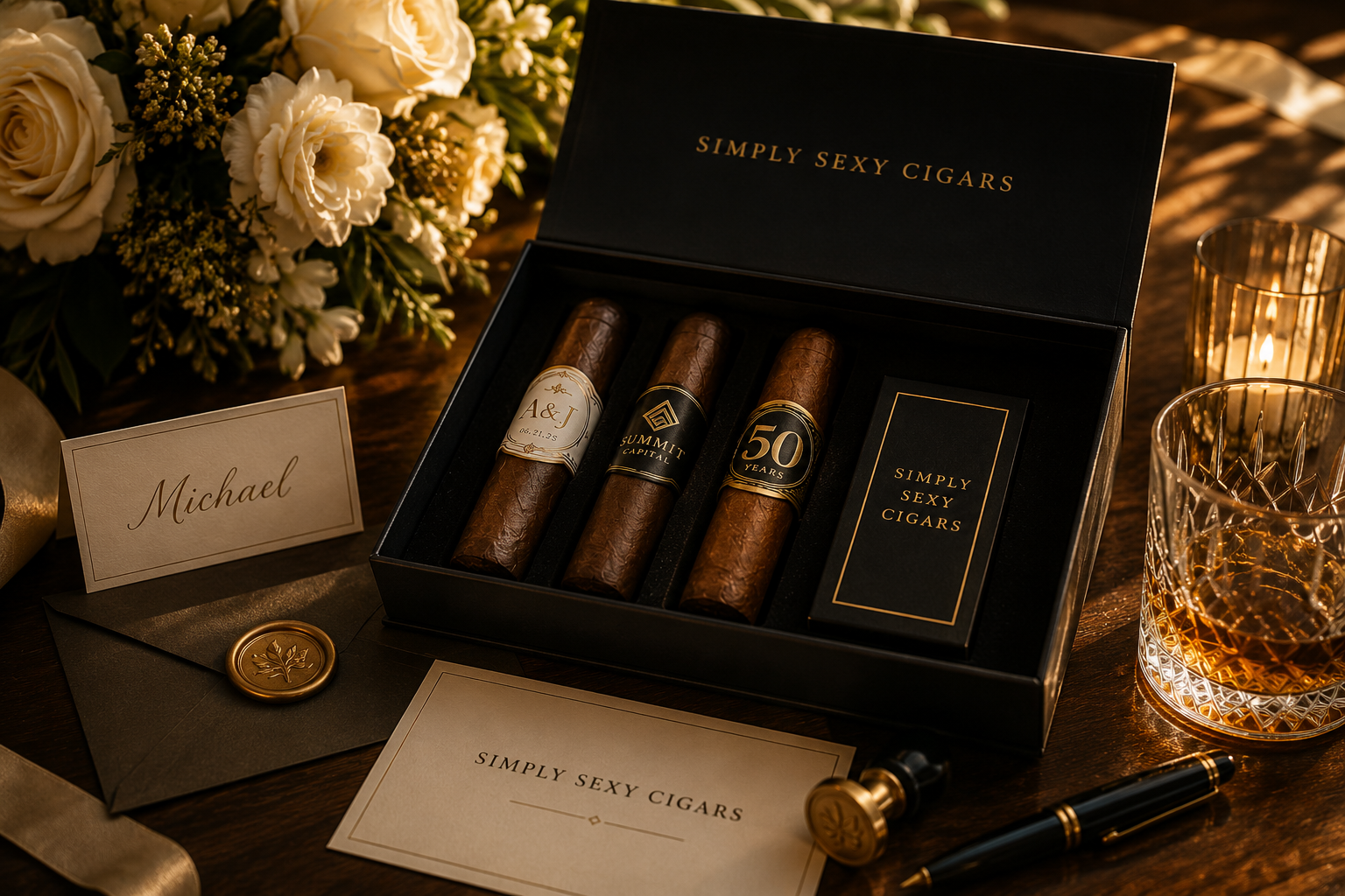 Simply Sexy Cigars black and gold gift box with custom personalized cigar bands for a wedding celebration