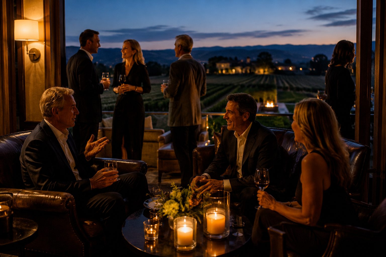 Guests lingering in warm conversation at a client appreciation evening in the blue-hour light