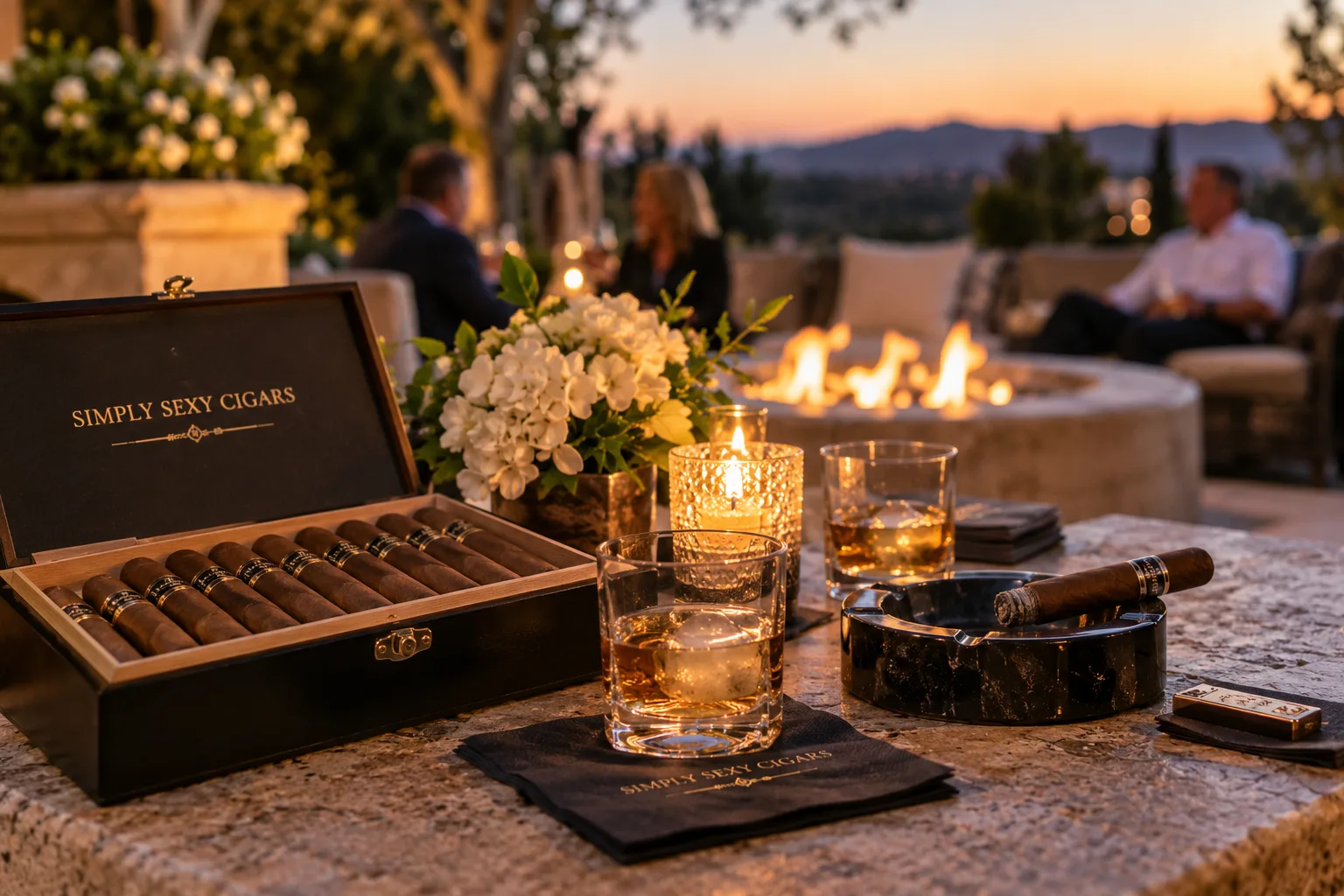 Cigars in a Simply Sexy Cigars box beside whisky and a candle on a stone table by a fire feature at sunset, guests relaxing in the background
