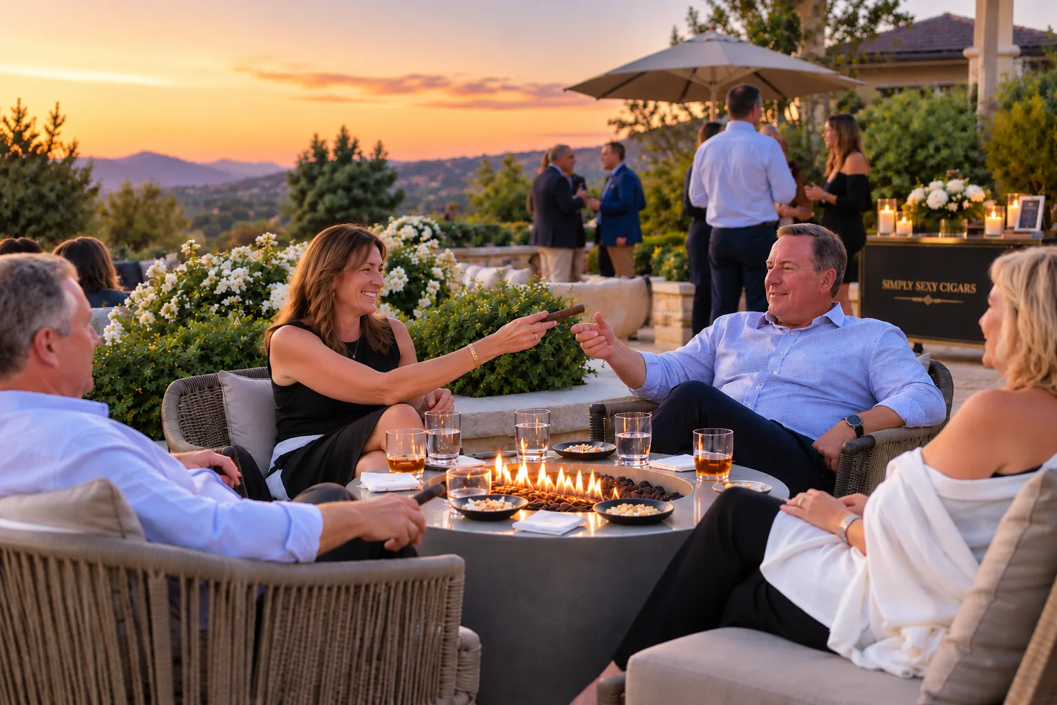 Two couples relax with cigars and drinks around a lit fire feature on an estate terrace at sunset, the Simply Sexy Cigars cart behind them