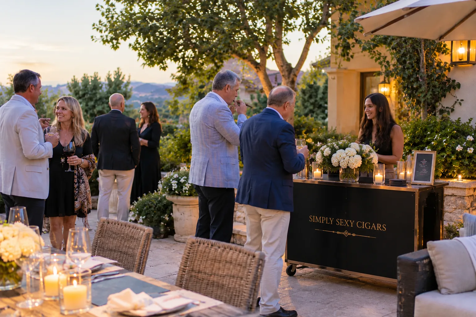 A Simply Sexy Cigars attendant presents cigars from the branded cart to guests on a candlelit estate terrace at dusk