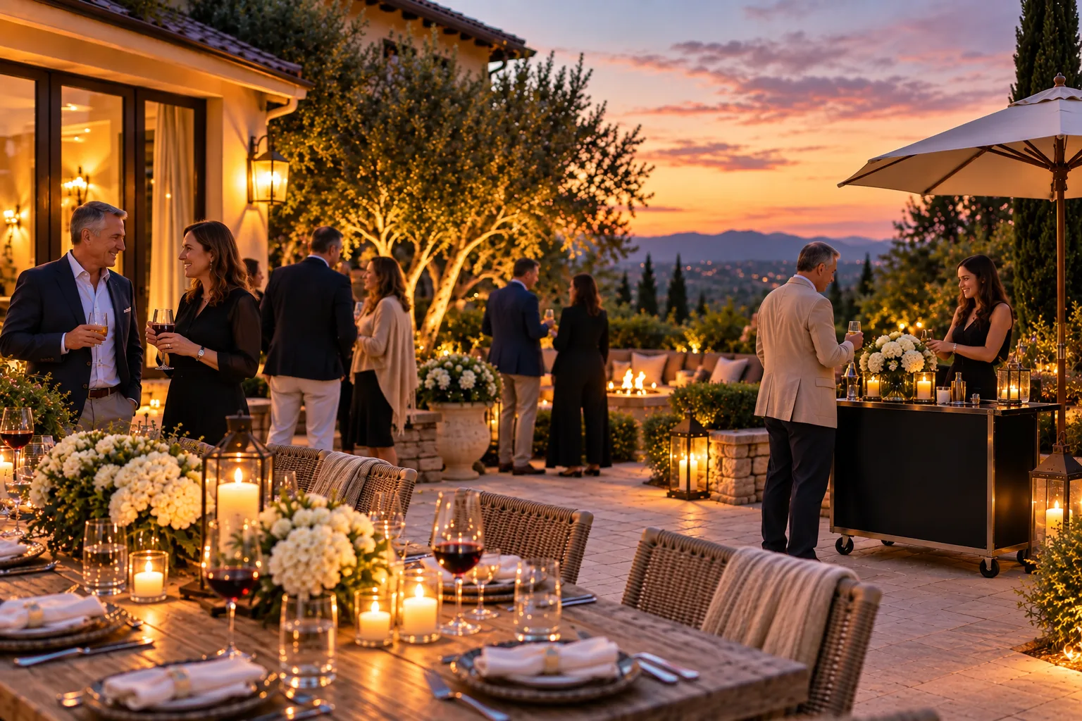 Guests gather with wine on a candlelit estate terrace at sunset after dinner, a Simply Sexy Cigars cigar cart and attendant to the side