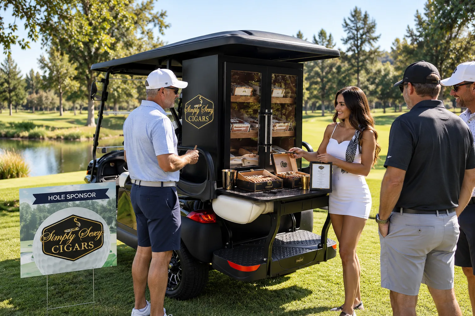 The Simply Sexy Cigars mobile cigar cart with its glass-front humidor at a tournament hole, a brand ambassador presenting cigars to golfers beside a Hole Sponsor sign