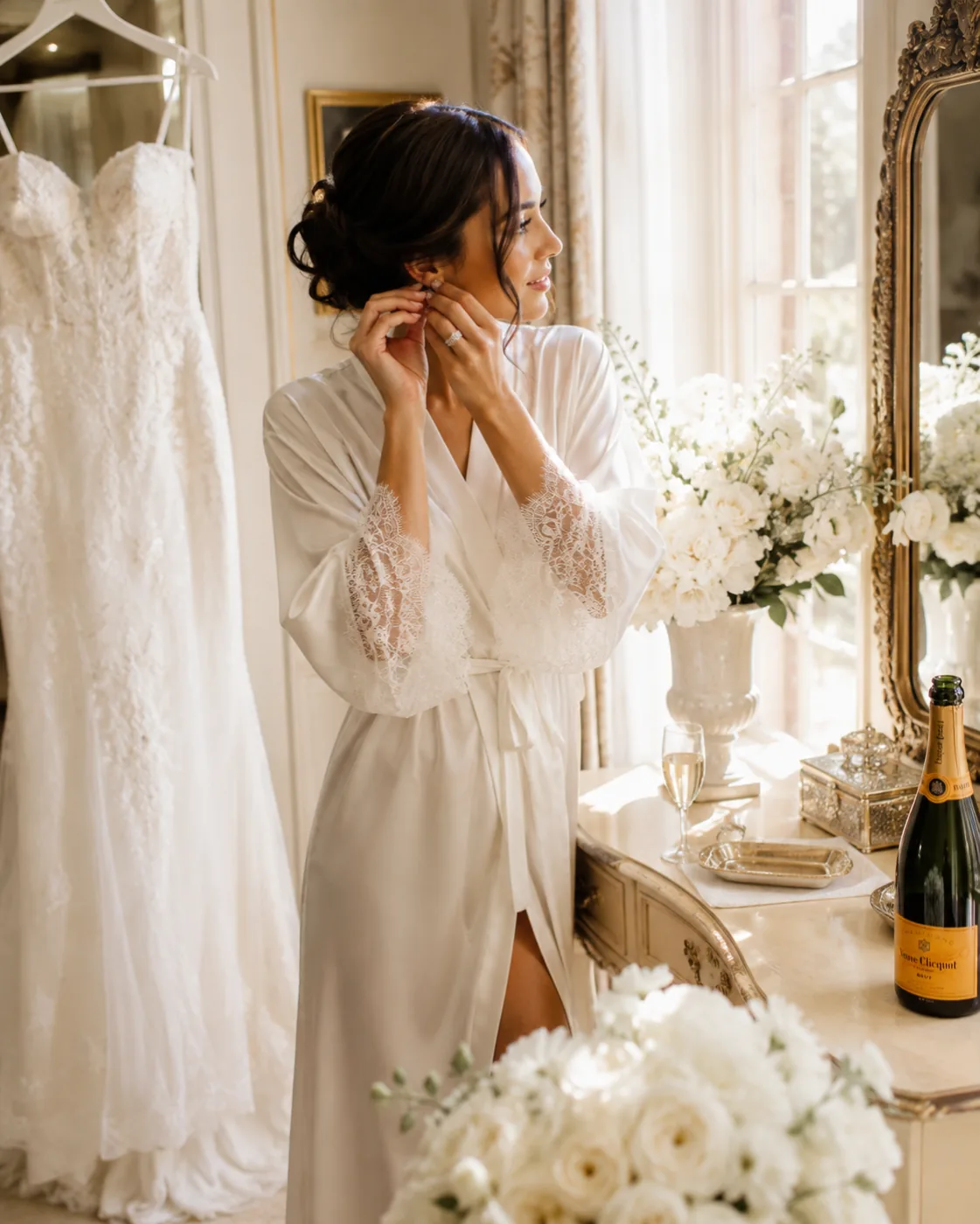 A bride in a white lace robe fastens an earring by a sunlit window, her wedding gown and white florals beside her