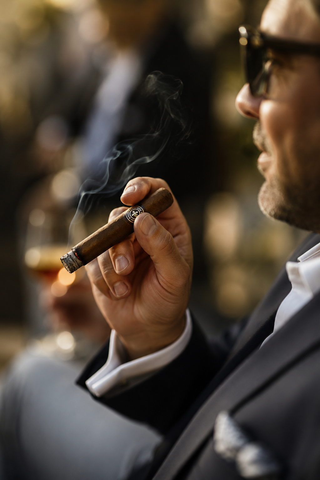A guest in evening attire enjoys a hand-selected cigar at a private Simply Sexy Cigars event