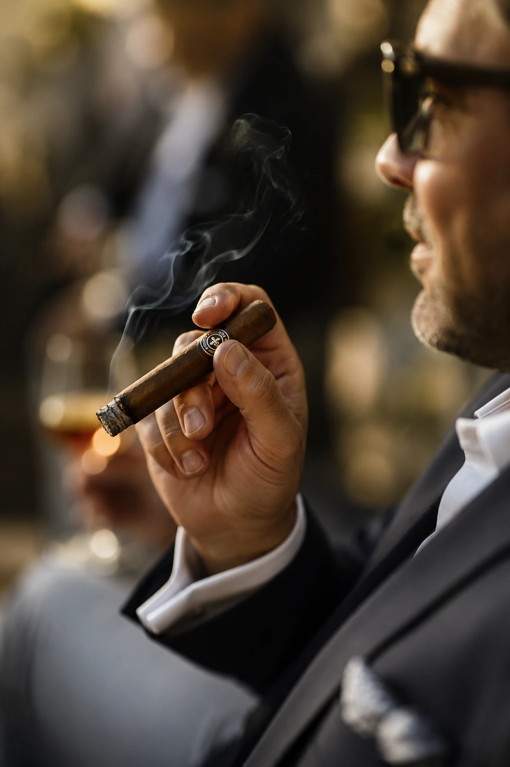 A guest in evening attire enjoys a hand-selected cigar at a private Simply Sexy Cigars event