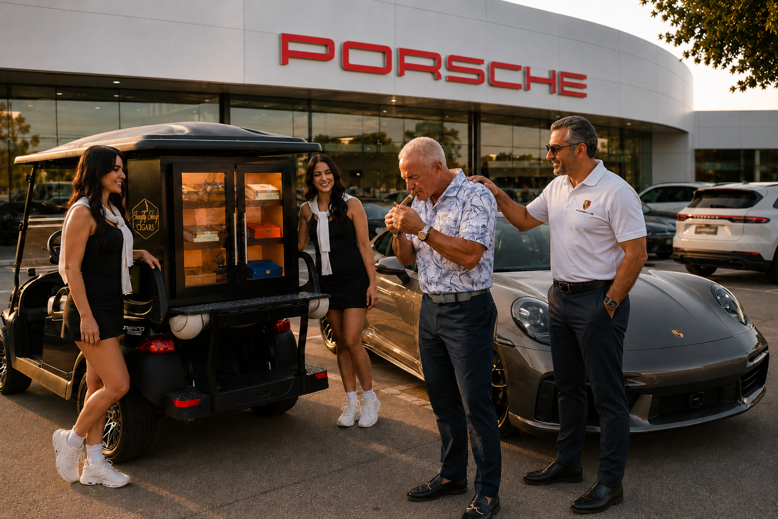 A new Porsche owner lights a celebration cigar beside the Simply Sexy Cigars mobile humidor during a dealership delivery event in Northern California