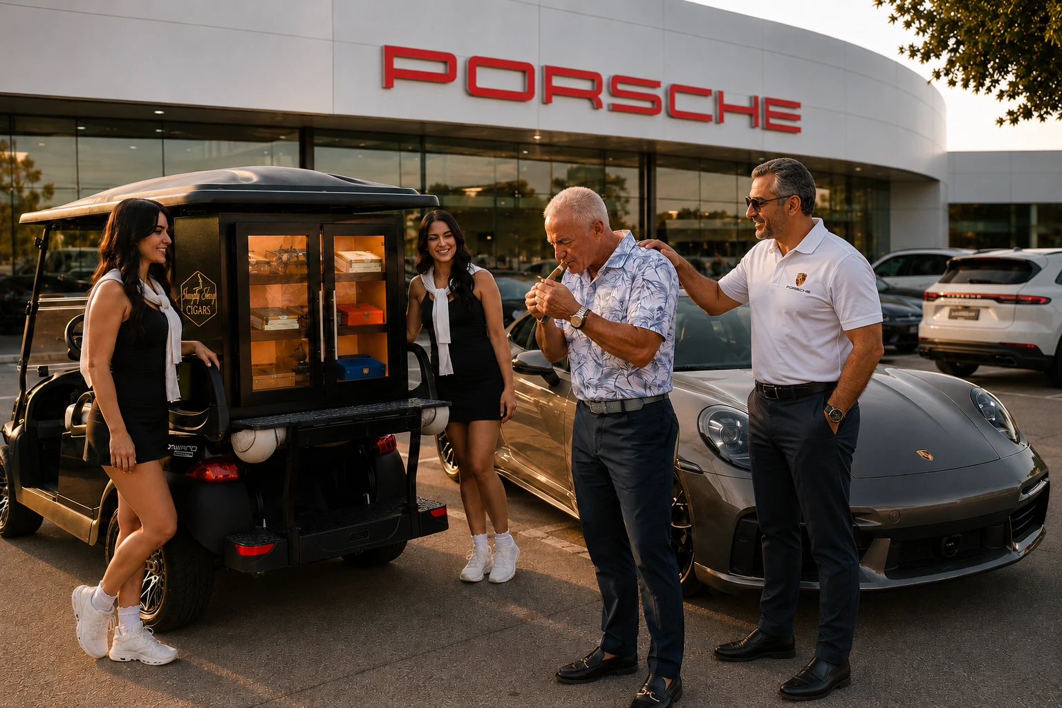 A new Porsche owner lights a celebration cigar beside the Simply Sexy Cigars mobile humidor during a dealership delivery event in Northern California