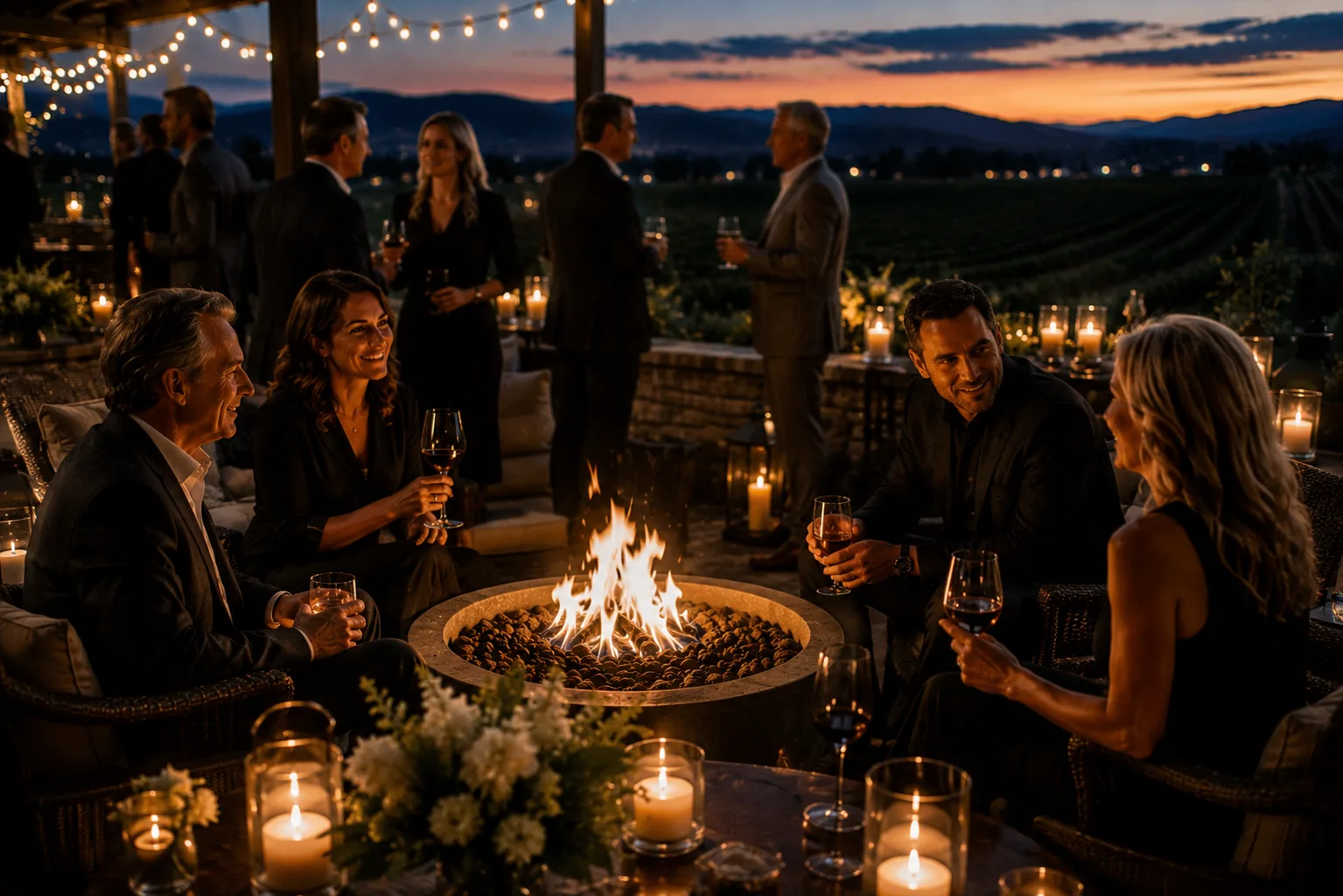 Guests relax around a lit fire pit at dusk on a candlelit vineyard terrace, string lights above and golden hills behind, as a private celebration winds down
