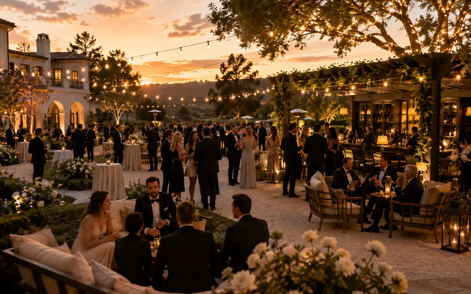 Black-tie wedding guests gathered across a candlelit wine-country estate terrace at golden hour — café lights above, lounge sofas and an open bar, the sun setting over the hills