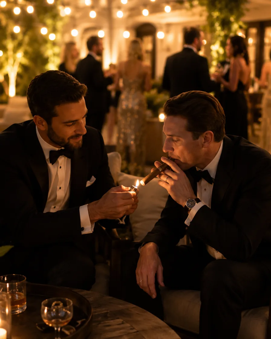 Two wedding guests in black tuxedos share a quiet moment in the lounge as one leans in to light the other's cigar by hand beneath warm café lights