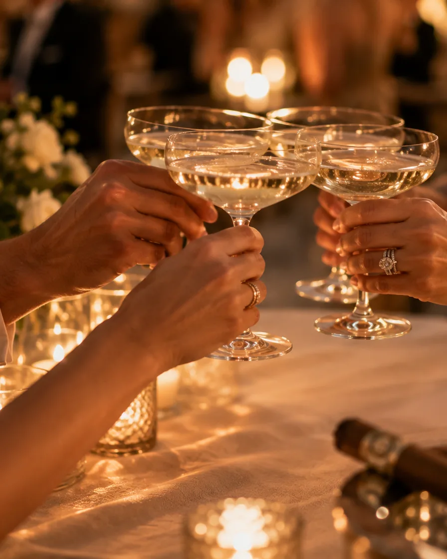 Hands raise champagne coupes in a candlelit toast beside white roses and a resting cigar, the glasses catching the warm gold of the evening