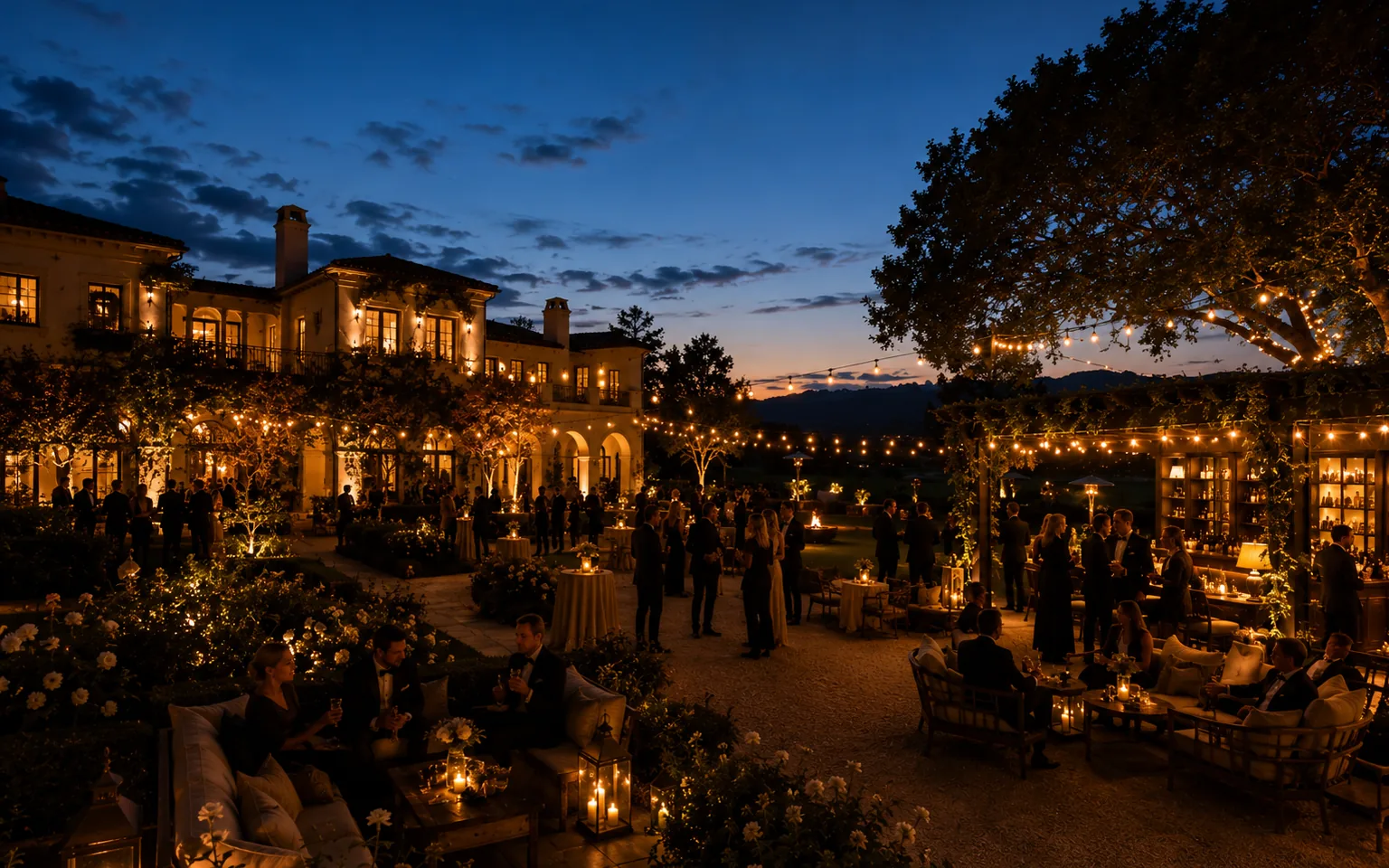 A wine-country estate lounge aglow at blue hour — café lights and candle lanterns warm against a deep blue sky as guests linger in the gardens