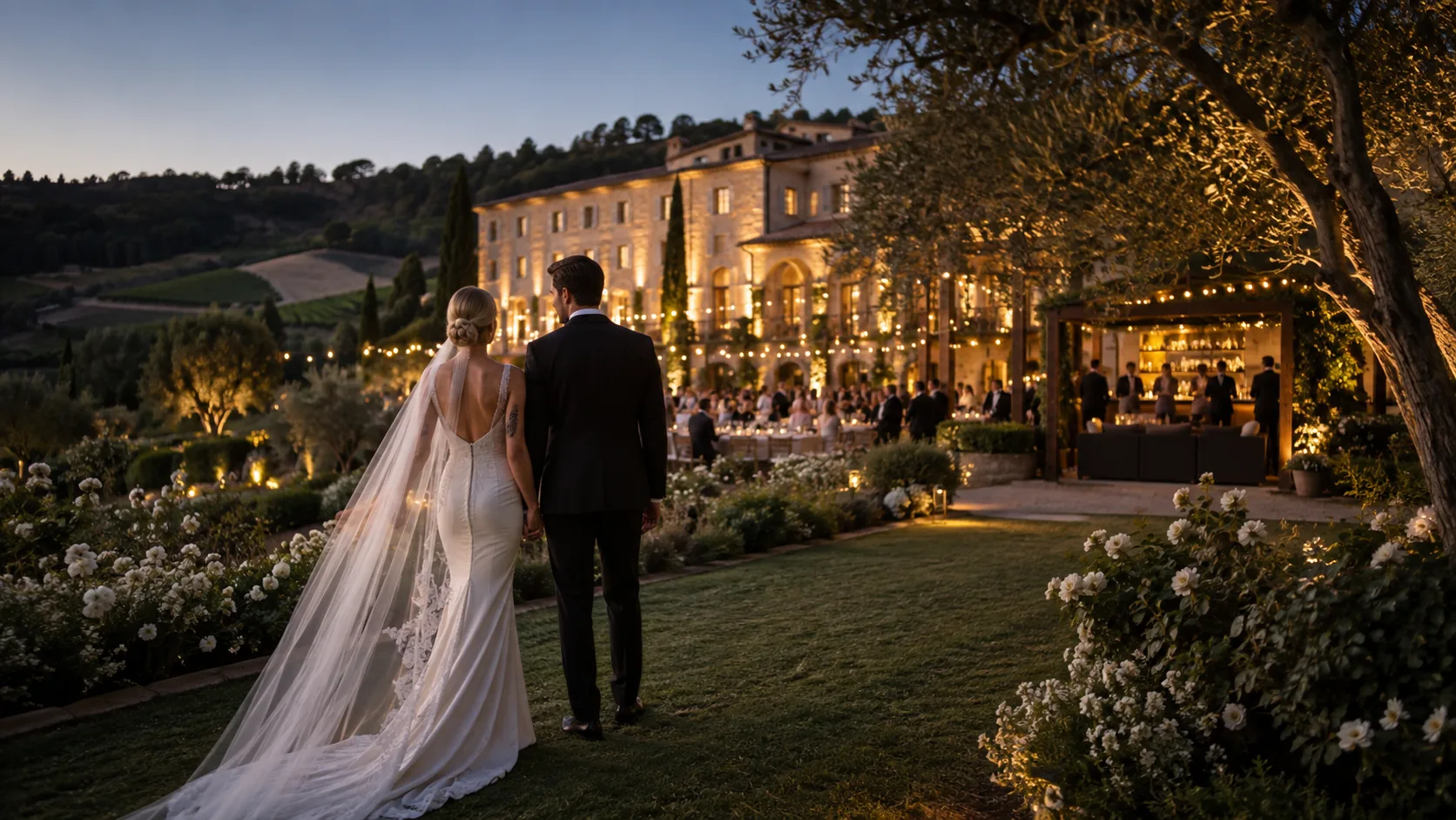 A bride and groom pause hand in hand at dusk before their glowing wine-country estate reception