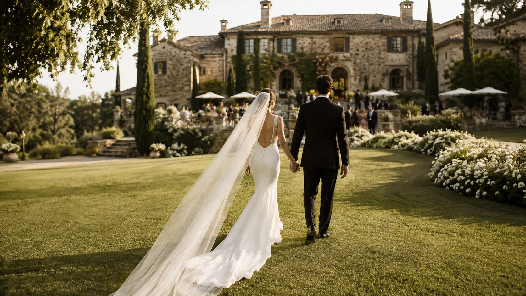 A bride and groom walk hand in hand across a manicured lawn toward a grand stone estate at golden hour, wedding guests gathered on the terrace beyond