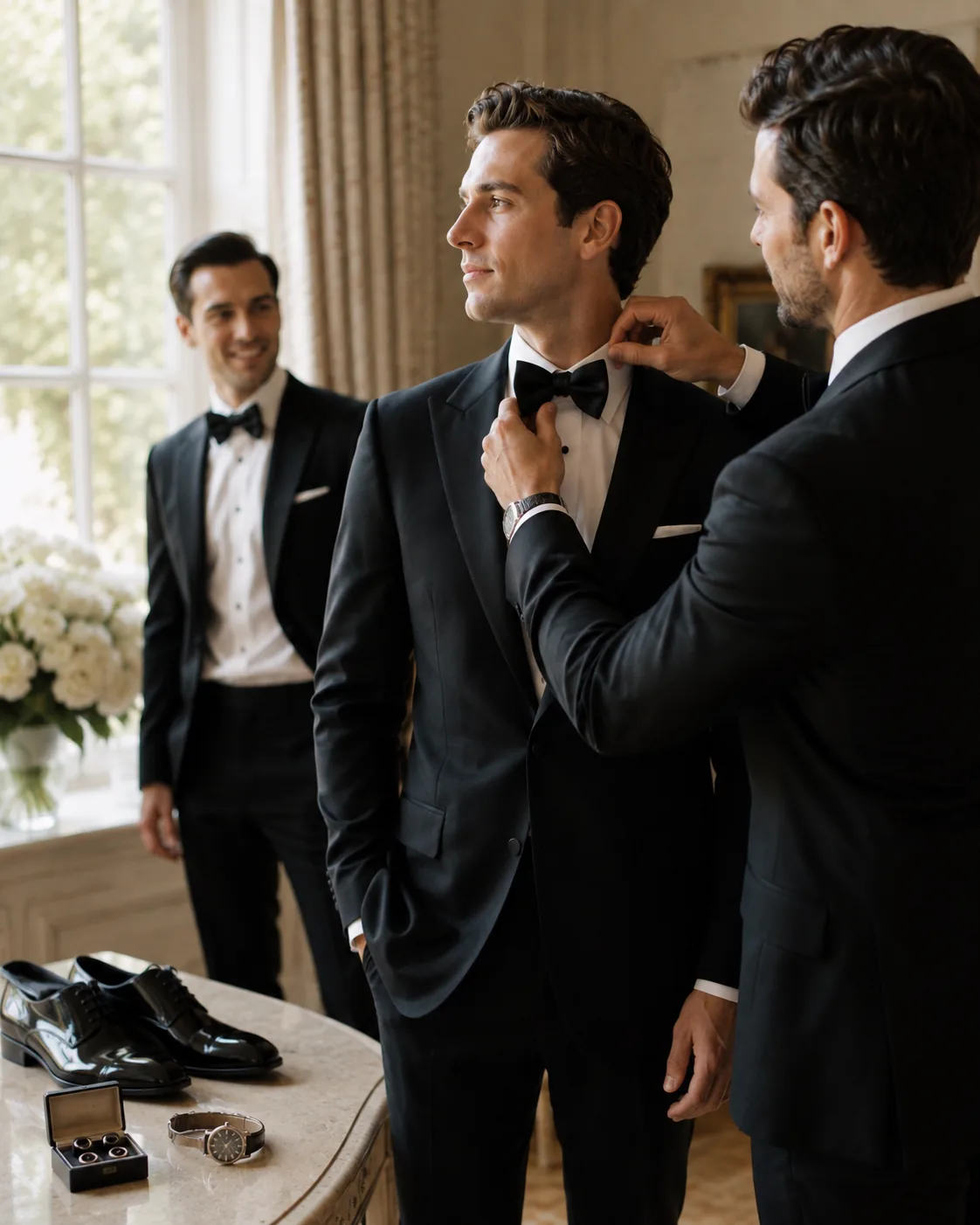 Groom and groomsmen in black tuxedos gathering in a light-filled suite before the wedding, one adjusting the groom's bow tie beside polished shoes, cufflinks and a watch