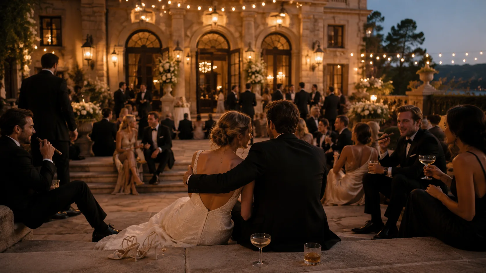 A bride and groom sit close on stone steps at blue hour among relaxed wedding guests, drinks and cigars in hand, string lights glowing over the estate