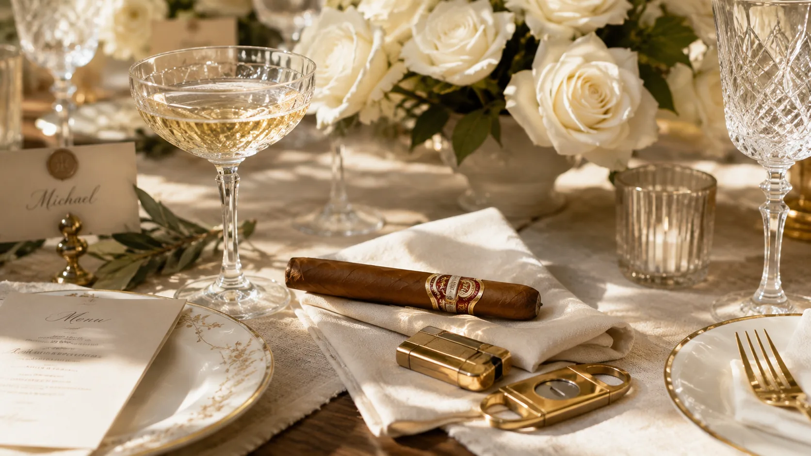 An elegant wedding place setting in warm daylight — a single cigar on a linen napkin beside a gold lighter and cutter, a champagne coupe and white roses