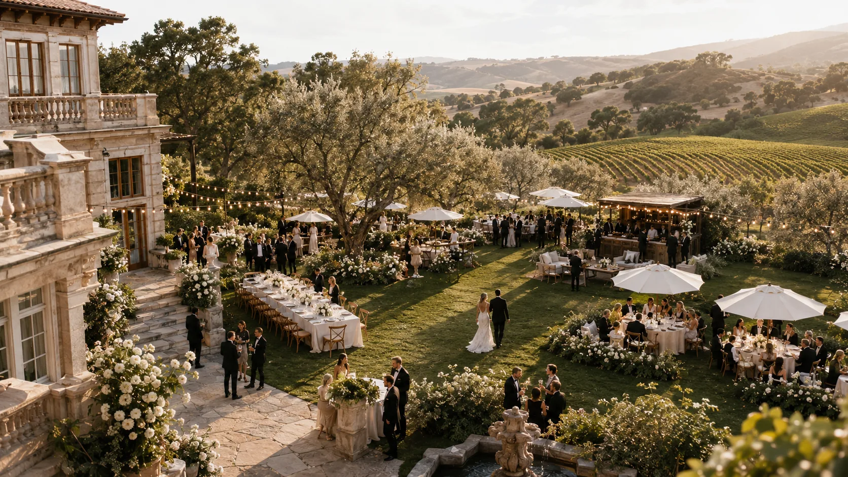 An open-air Northern California vineyard wedding reception at golden hour, long tables and a cigar lounge on the lawn with rolling vine-covered hills beyond