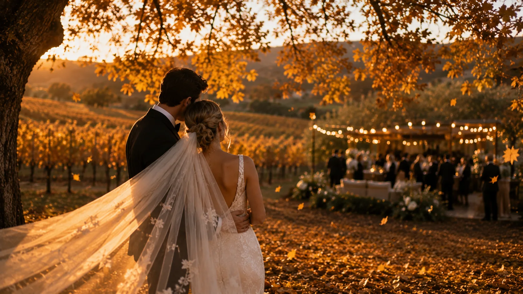 A bride and groom stand beneath an autumn tree in golden light, looking toward a café-lit reception among vineyards blanketed in fallen leaves