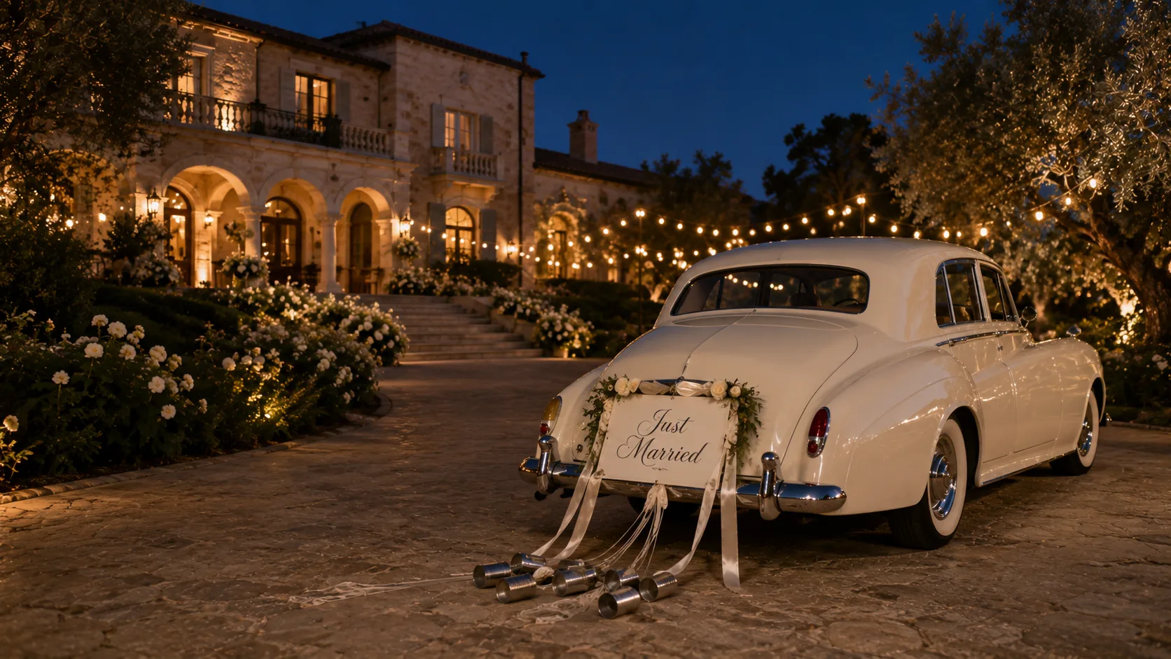 A vintage ivory Rolls-Royce with a Just Married sign and trailing silver cans parked outside a candlelit estate at blue hour