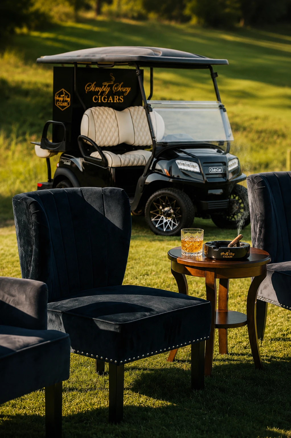 The Simply Sexy Cigars signature cart with velvet lounge chairs and a lit cigar at a Northern California golf course at golden hour